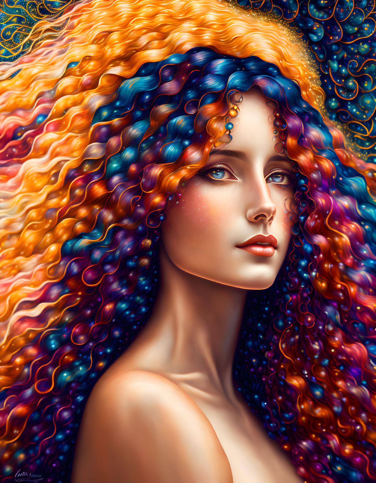 Multicolored Curly Hair Woman with Blue Eyes and Star-like Freckles