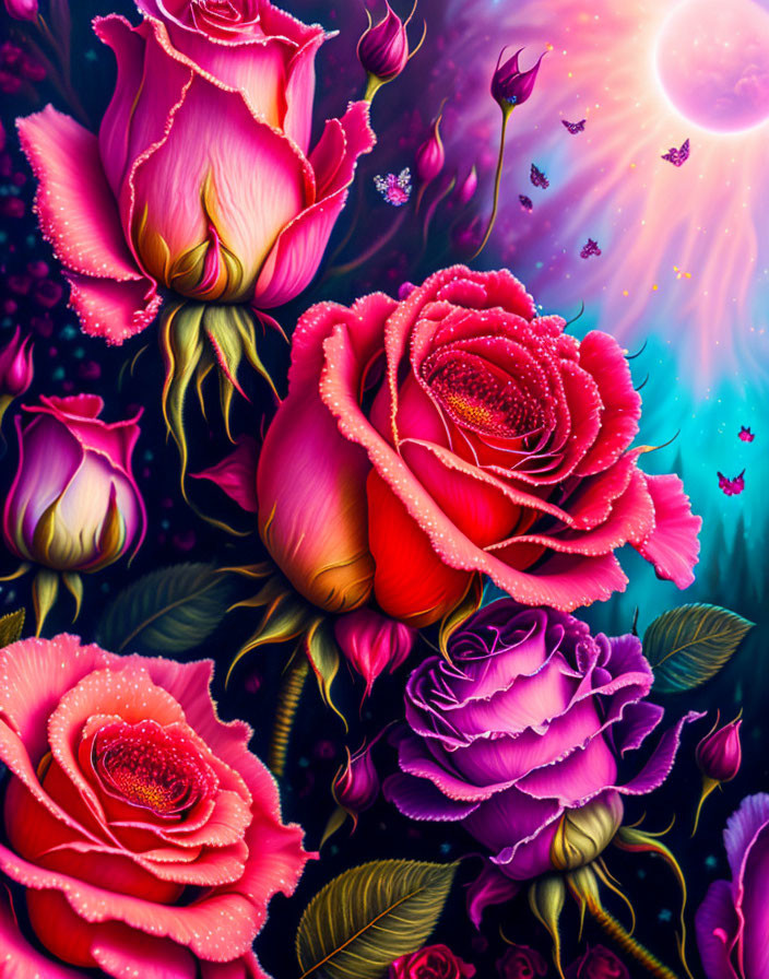 Colorful digital artwork: Pink and purple roses with dew drops on a dark, space-like background.