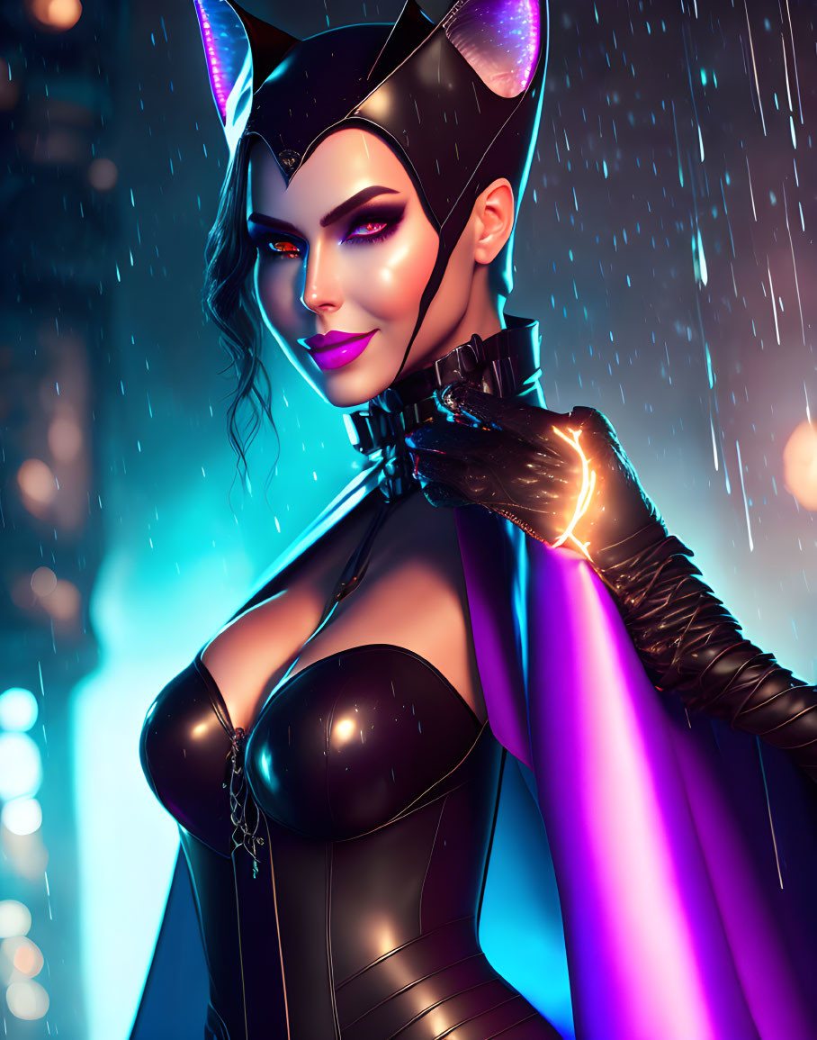 Stylized cat-themed superhero woman in black costume under neon-lit backdrop