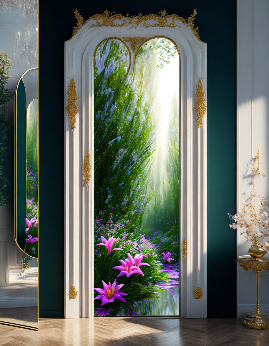 Ornate white door with gold details leading to vibrant garden