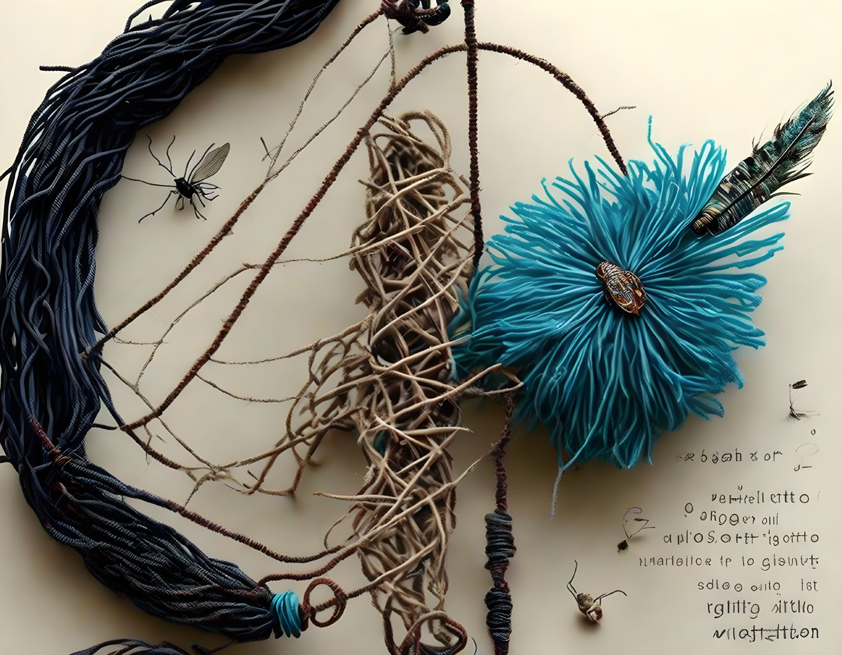 Abstract composition with black cords, twigs, pom-pom, feather, and handwritten text.