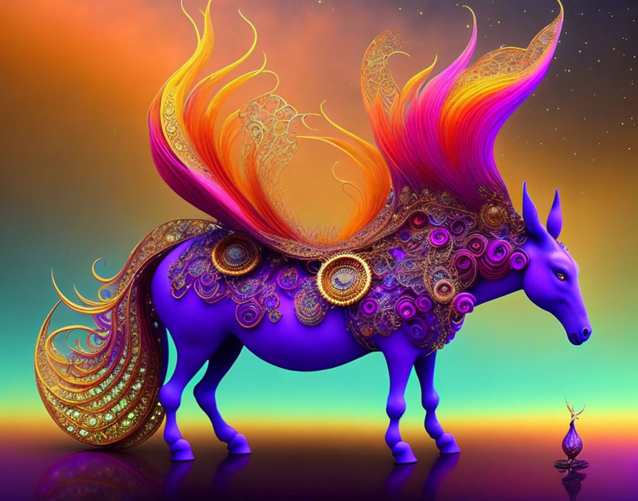 Mythical horse digital art with fiery mane on dusk sky.