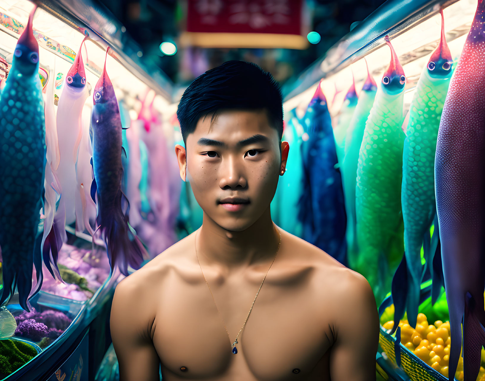 Shirtless young man at vibrant fish market with blue and green fish rows