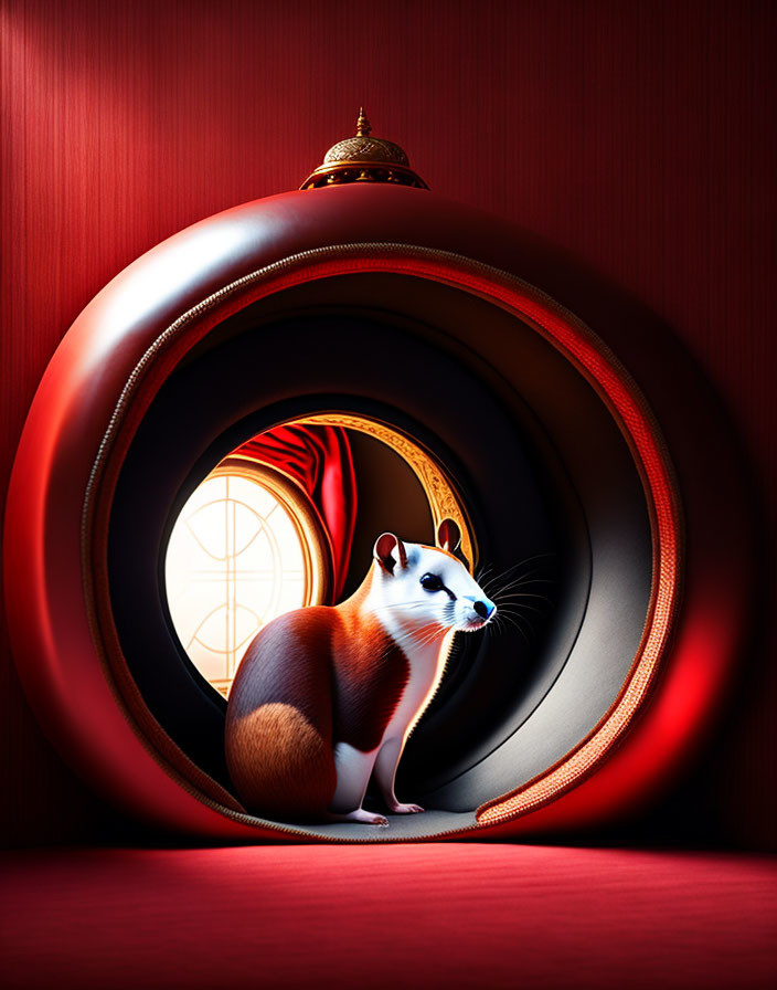 Stylized weasel in circular structure on red backdrop with warm golden light