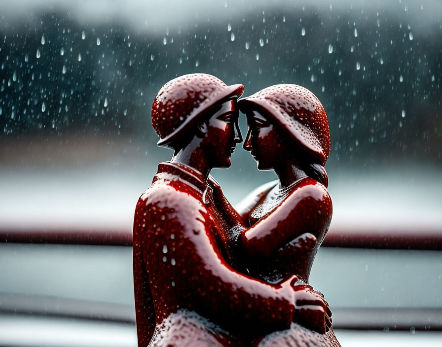 Couple Embracing Figurine with Hat in Rainy Scene