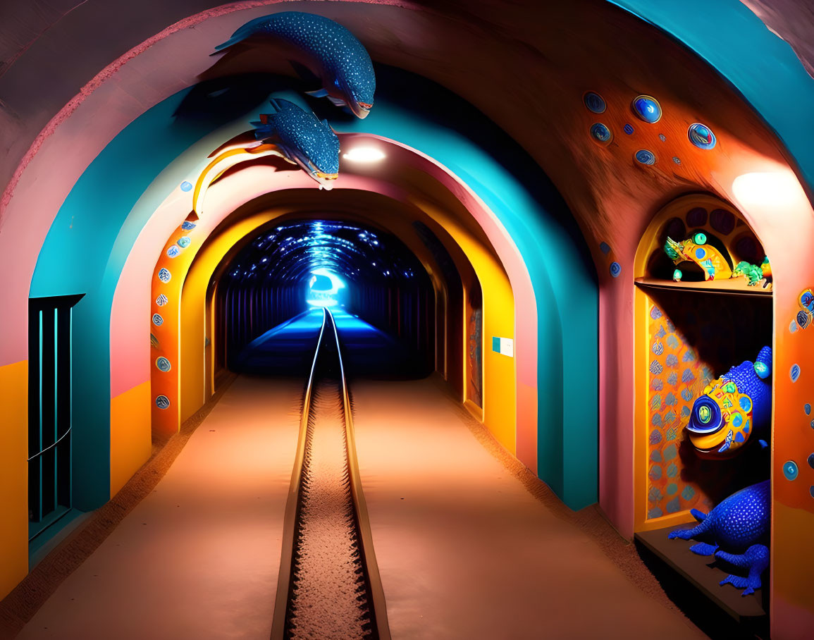 Colorful Sea Creature Decorated Railroad Tunnel with Ambient Lighting