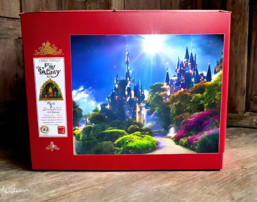 Enchanted castle image on red box with elegant script on wooden surface