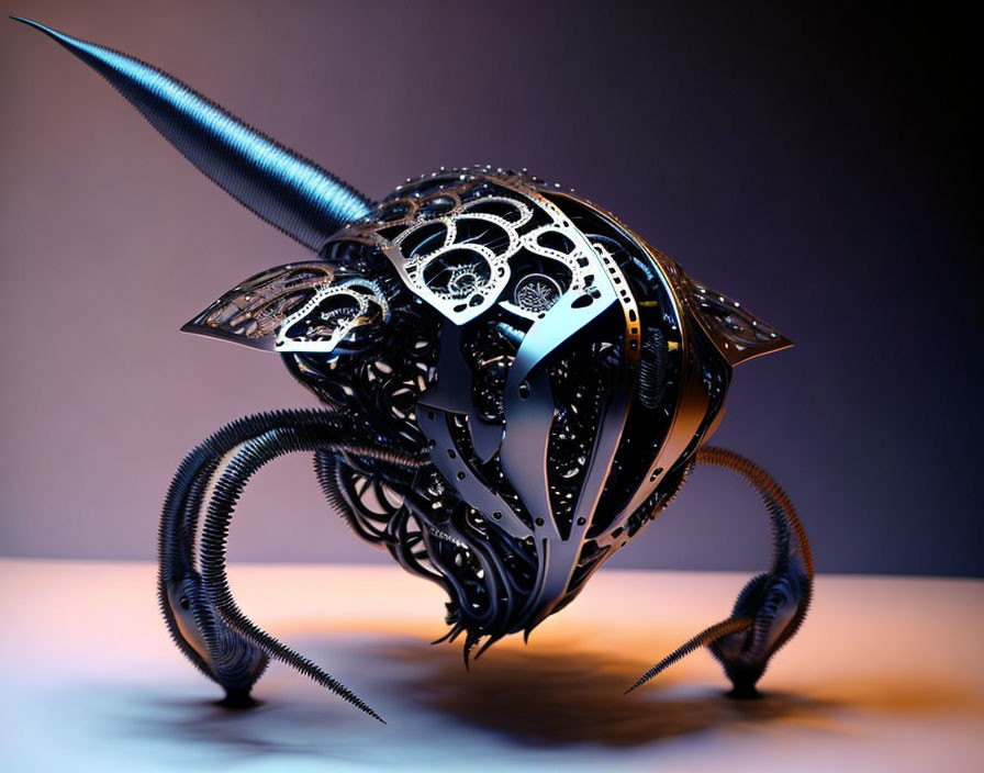 Metallic ornate sculpture of fantastical creature with intricate gears and coils under blue and purple lighting