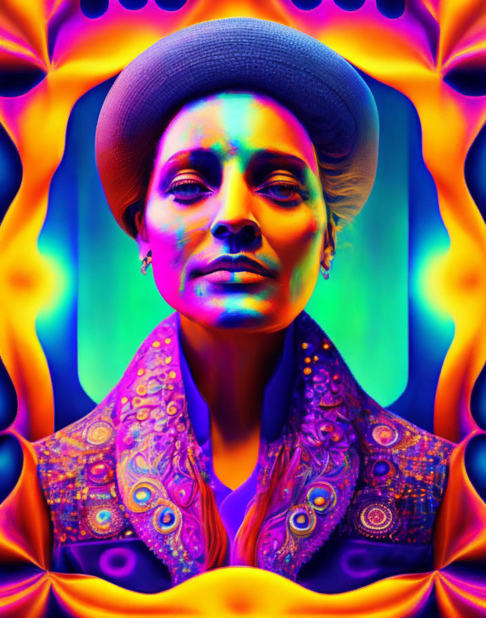 Colorful Psychedelic Portrait with Hat on Fractal Background