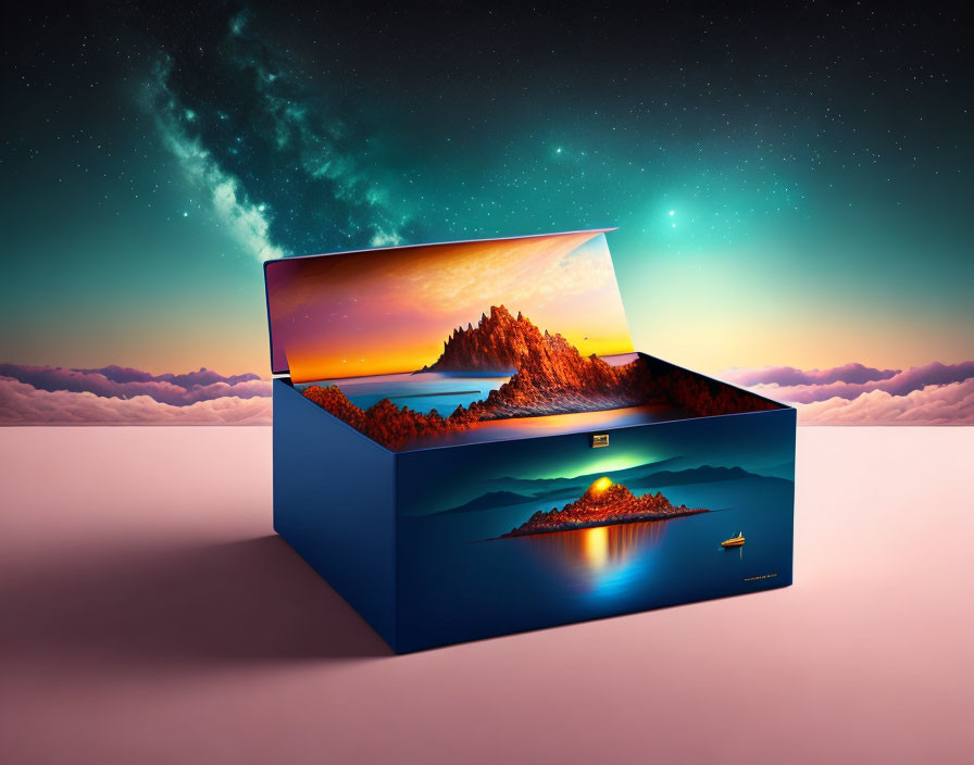 Surreal open box with tranquil island sunset scene blending into starry sky.