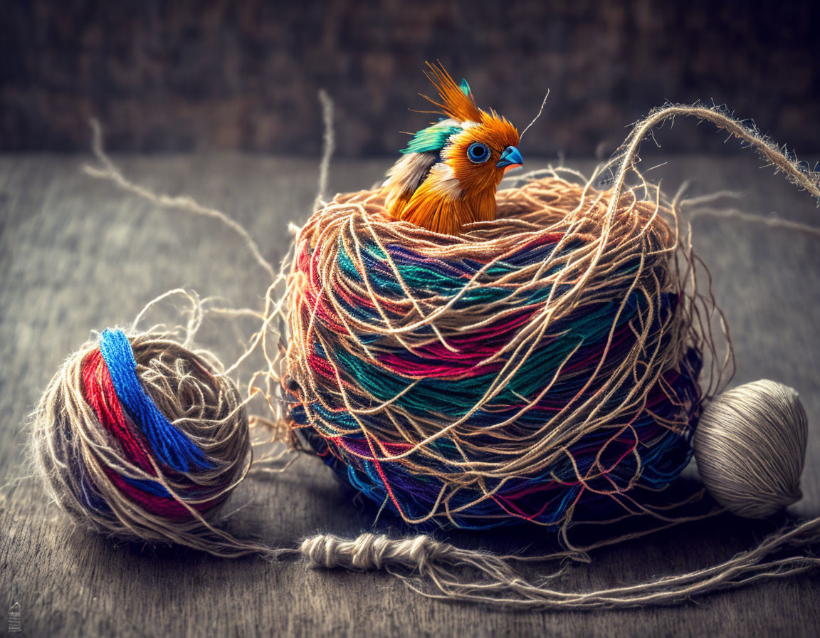 Vibrant artificial bird in multicolored yarn nest on wood surface