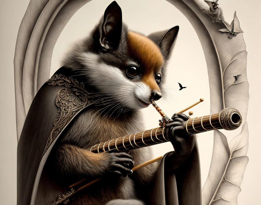 Anthropomorphized fox playing flute in whimsical setting with birds and insects