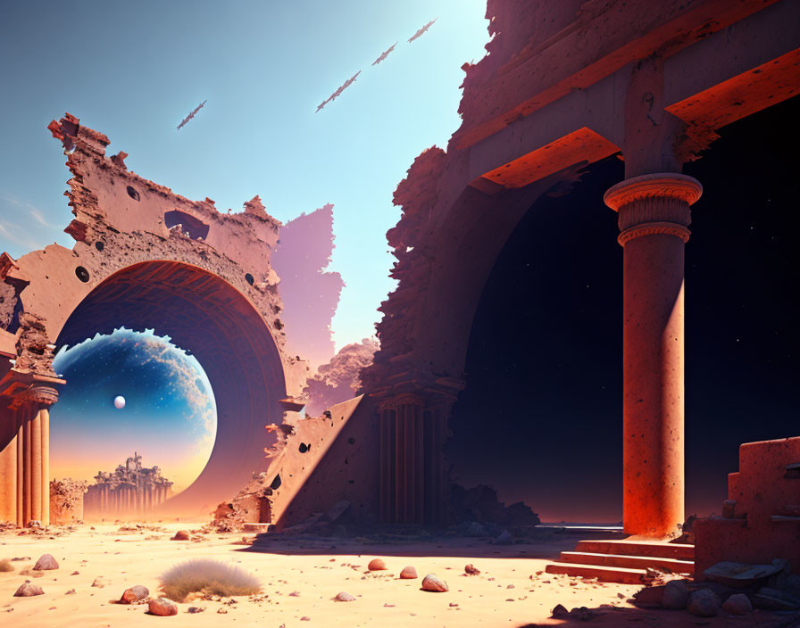 Ancient pillars and arches on extraterrestrial landscape with rising planet.