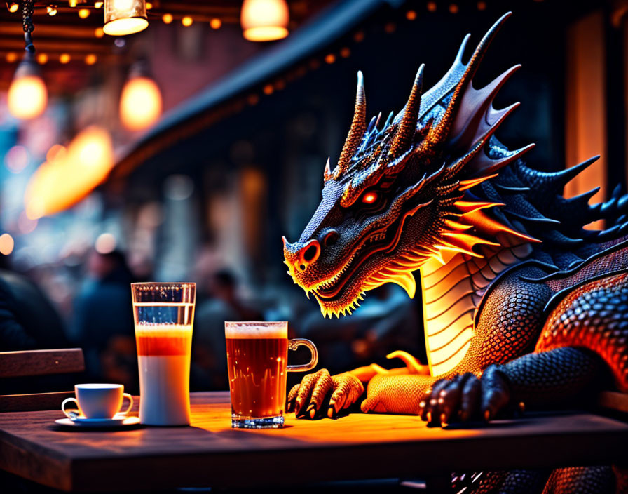 Dragon Figurine at Cafe Table with Beverages in Warm Lighting