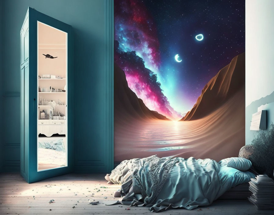 Surreal bedroom scene transitions to cosmic landscape