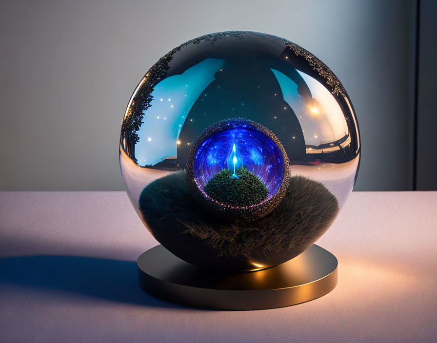 Crystal ball on stand reflects distorted night landscape with vibrant colors