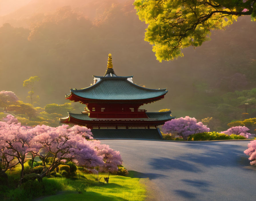 Traditional Red Pagoda Surrounded by Cherry Blossoms and Greenery