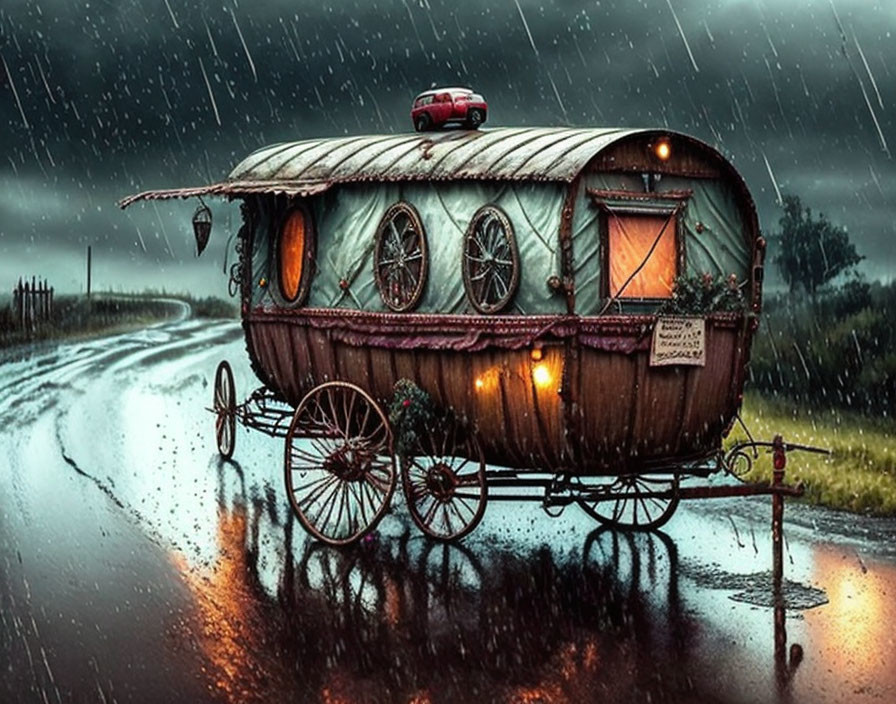 Vintage Caravan and Red Car on Rainy Road with Lit Windows