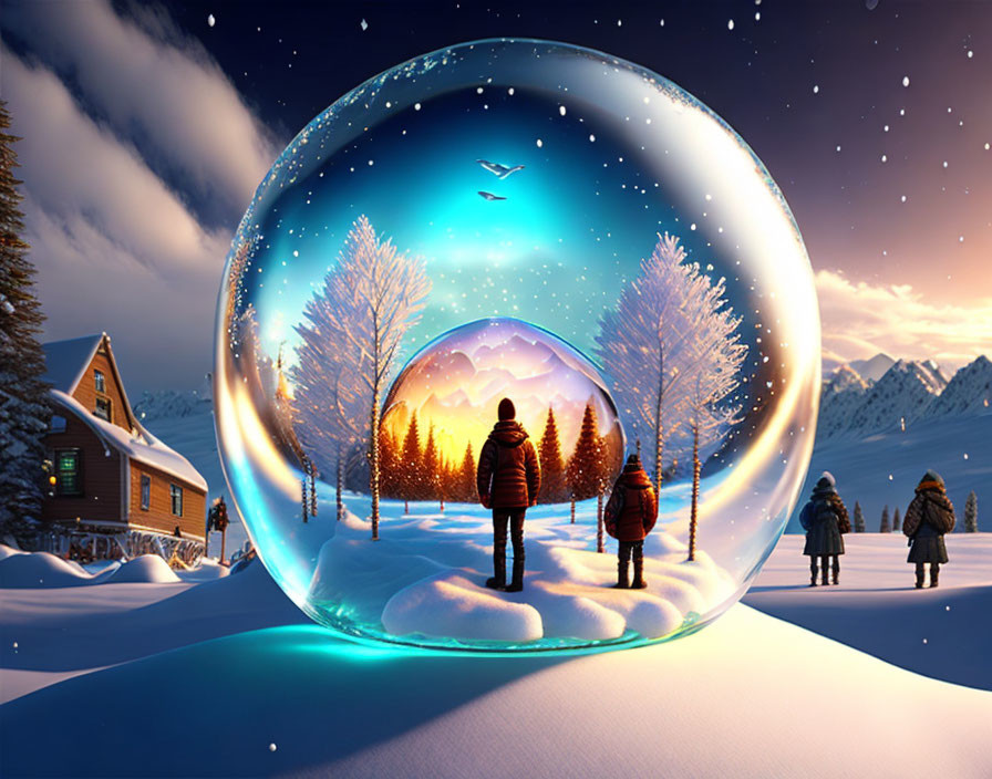 Three individuals looking at a glowing snow globe with winter forest scene, snowy landscape, and twilight sky.