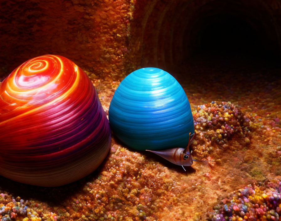 Colorful Digital Artwork: Small Snail with Orange and Blue Shell on Amber Background