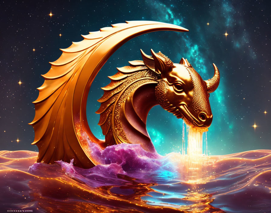 Golden dragon sculpture with bull's head in cosmic waters under starry sky