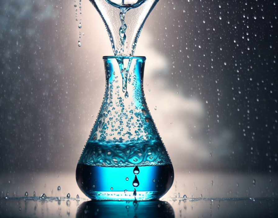 Blue liquid glass flask with dropping funnel on reflective surface, water droplets background