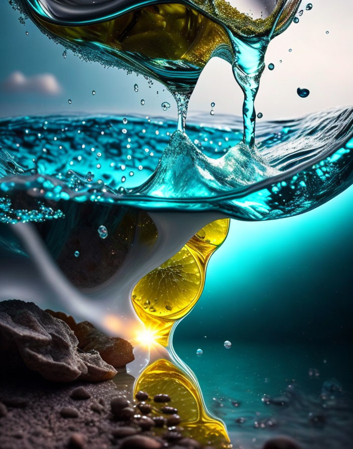 Close-up Shot: Clear Liquid Pouring into Blue Water with Lemon Slices and Pebbles