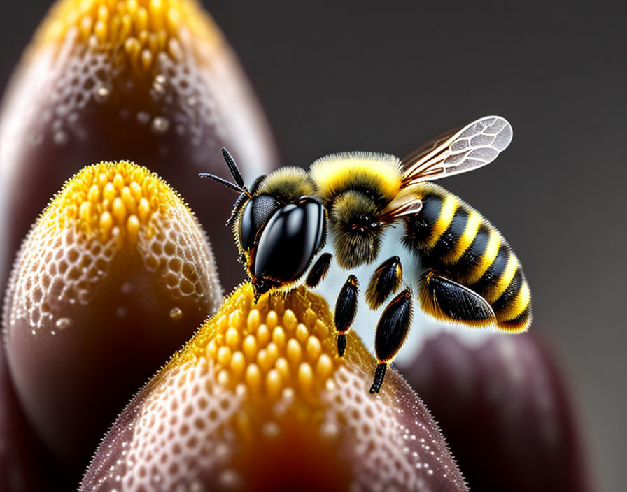 Bee on Dew-Covered Surface with Water Droplets and Furry Body