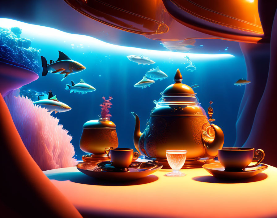 Underwater teapots and cups amidst coral, fish, and blue glow