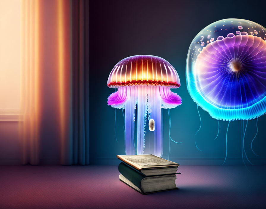 Bioluminescent jellyfish-like entities above books in dimly lit room