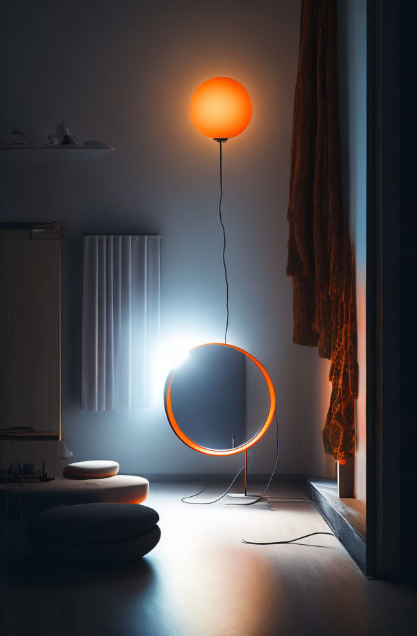 Dark room with stylish floor lamp casting warm glow and circular illuminated ring beside soft-lit window and draped
