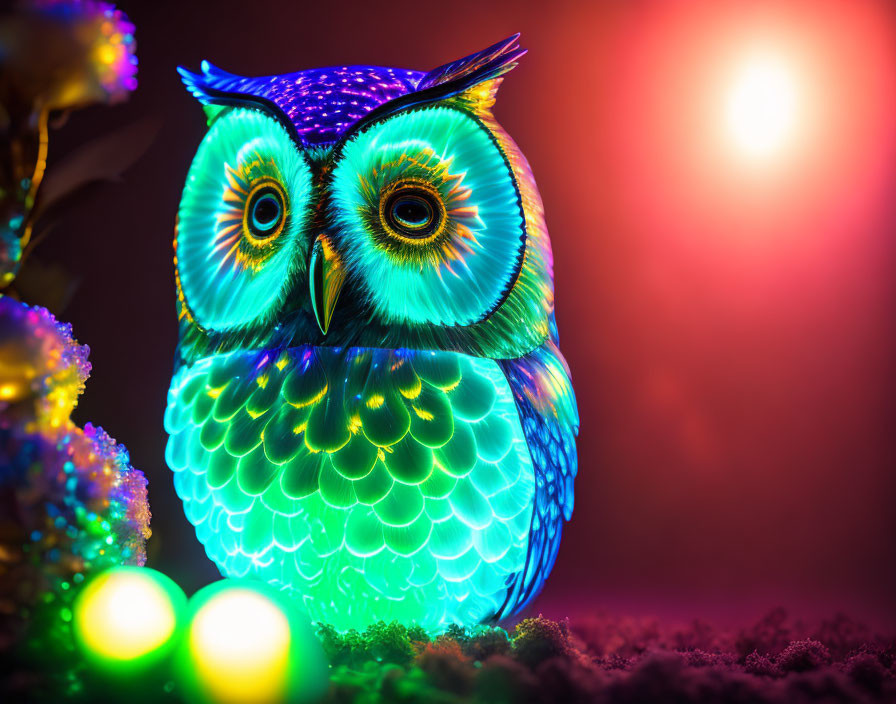 Vibrant Blue and Green Owl Figure Illuminated in Red Light