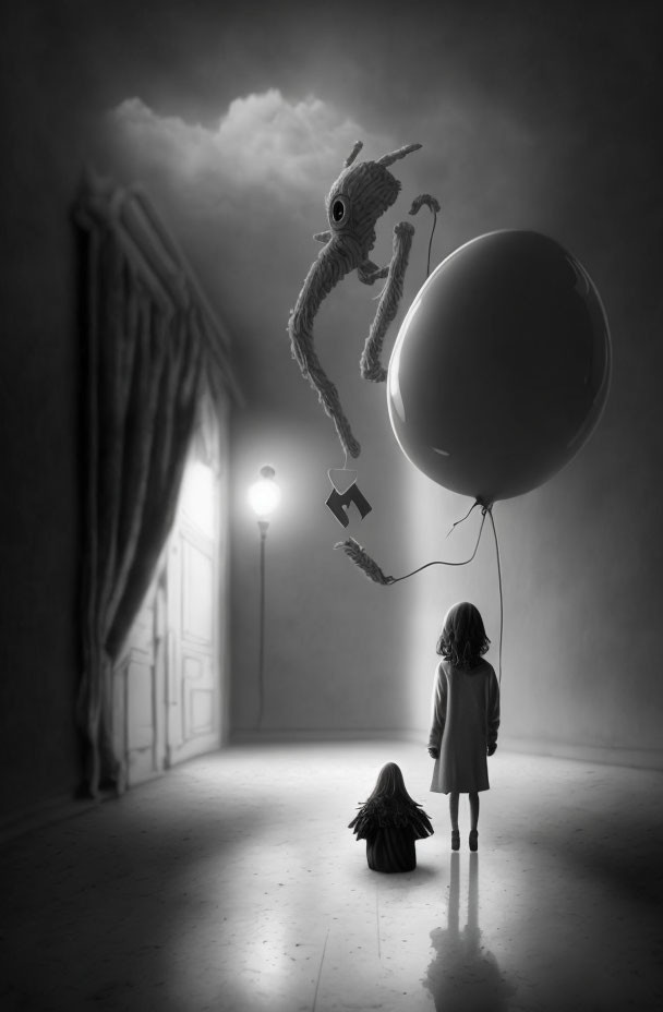 Monochrome surreal art: young girl, giant balloon, humanoid figure, dimly lit hallway.