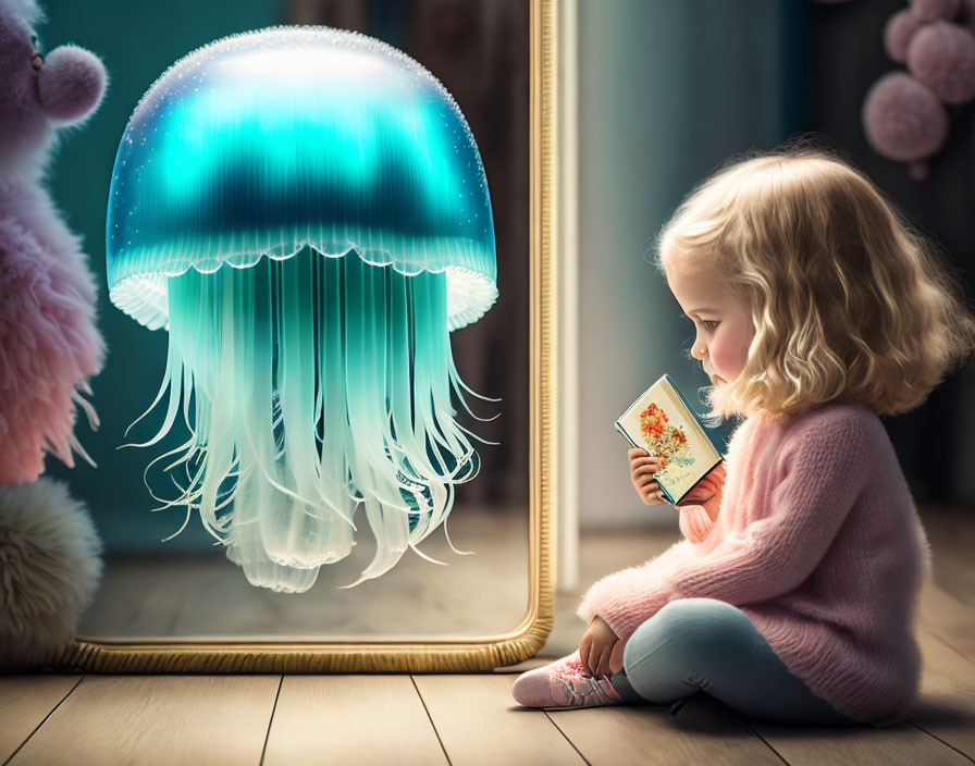 Young girl gazes at oversized jellyfish in mirror reflection with picture card.