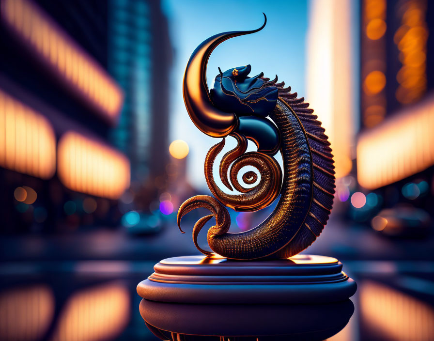 Stylized seahorse sculpture with swirling designs on glossy surface