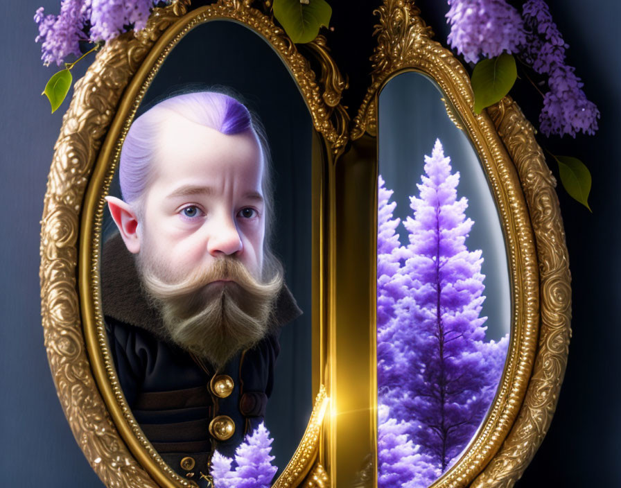 Vintage portrait merges with nature in altered image: gentleman with mustache reflected in mirror blends with serene purple