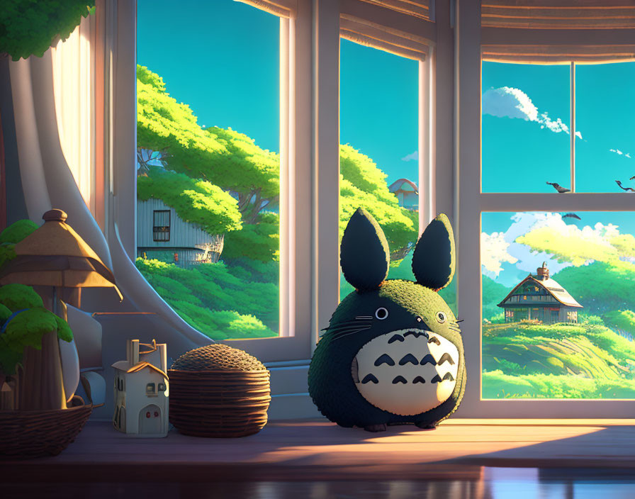 Plush Totoro Toy on Sunny Windowsill with Green Landscape