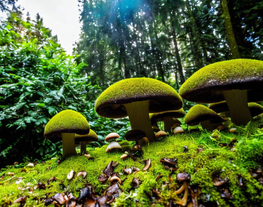 Forest Floor Mushrooms Covered in Moss with Filtered Light