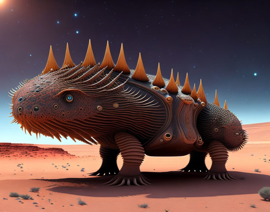 Fantastical creature with spiky protrusions in desert under starry sky