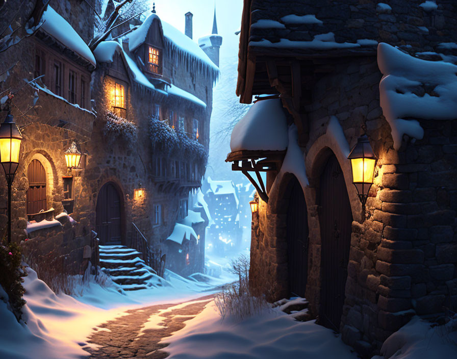 Snow-covered buildings and lantern-lit streets in a serene winter night scene