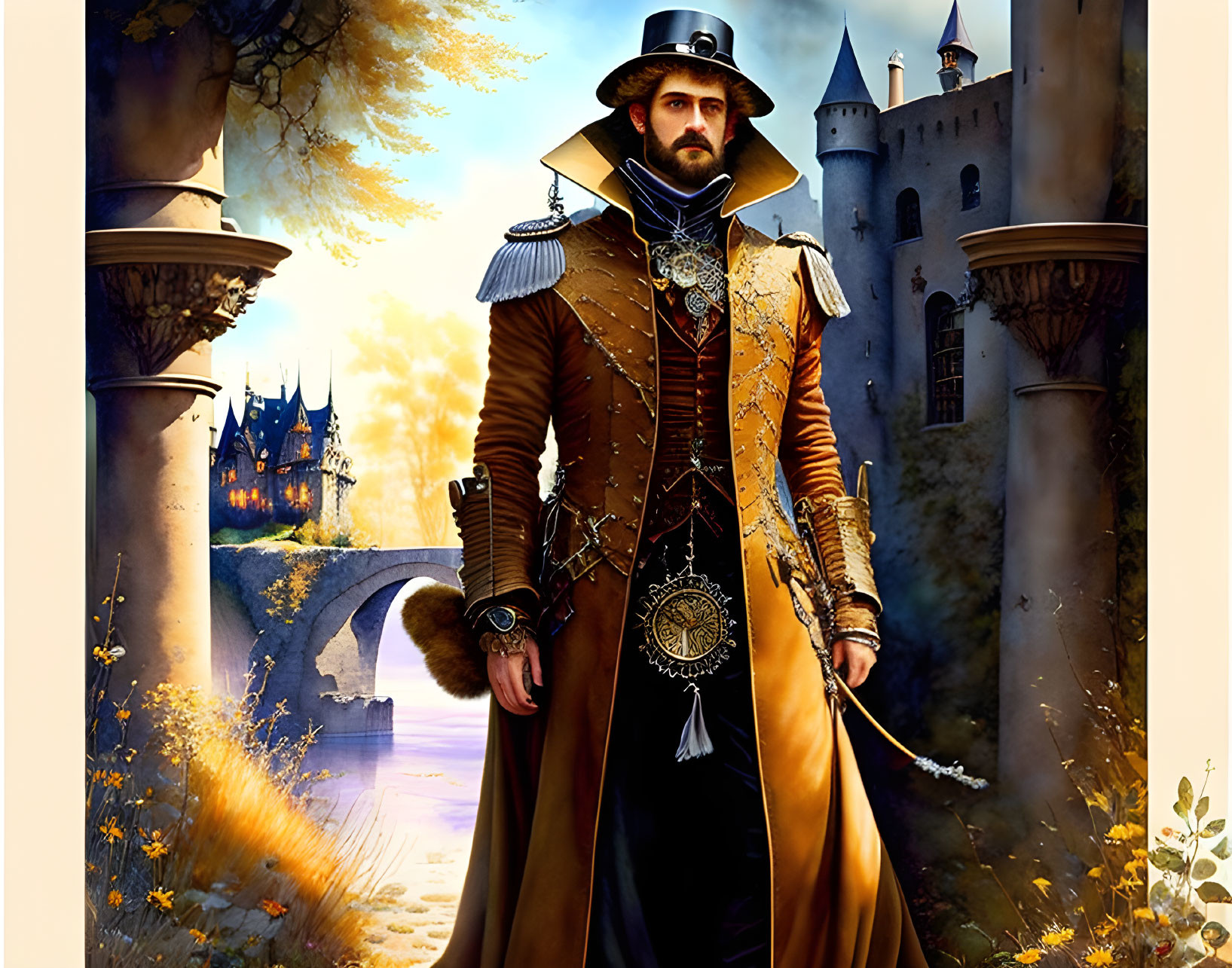 Historically dressed man in front of burning castle.