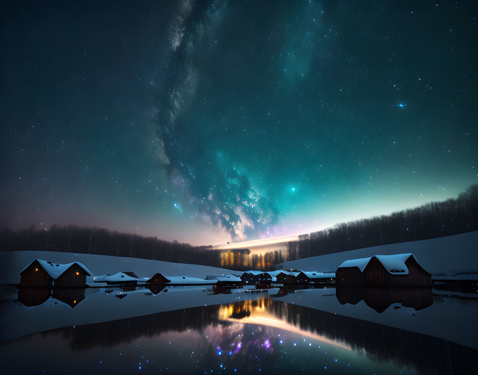 Starry night sky over snow-covered cabins by a tranquil lake