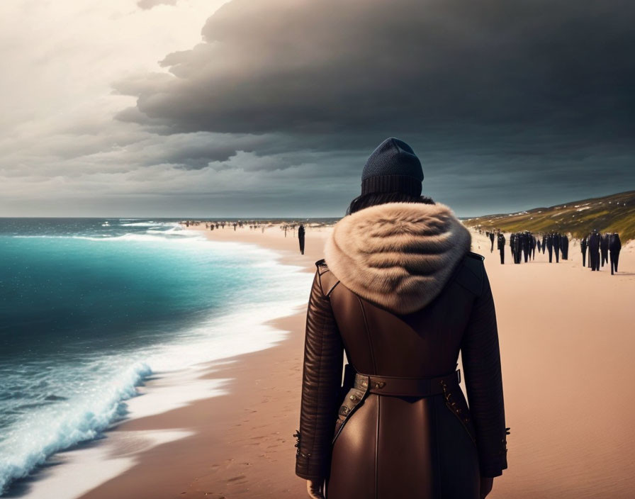 Person in Winter Coat and Beanie at Surreal Beach with People and Dark Clouds