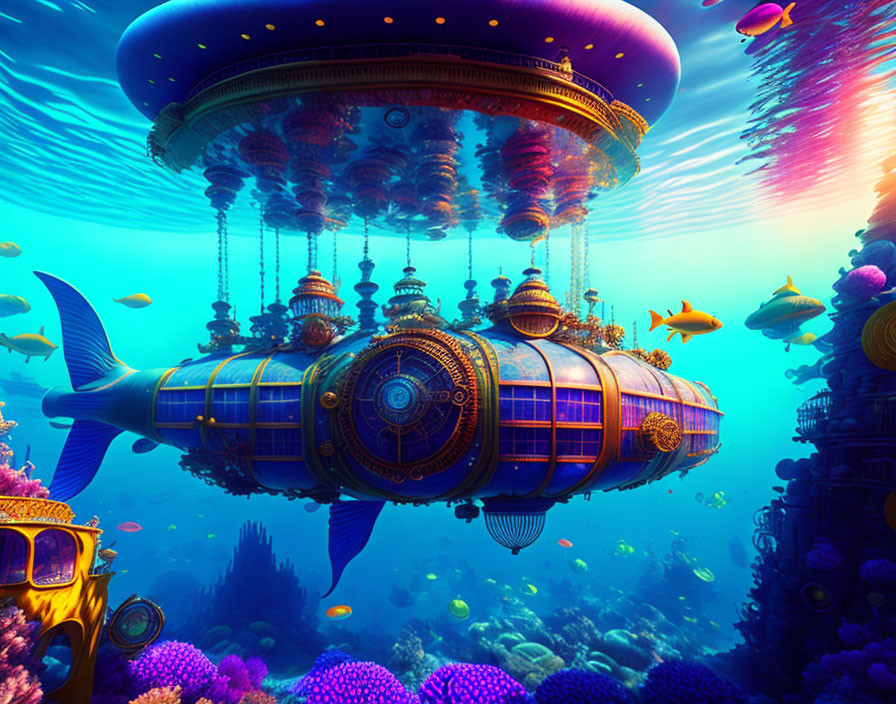 Colorful underwater scene with steampunk submarines and coral reefs