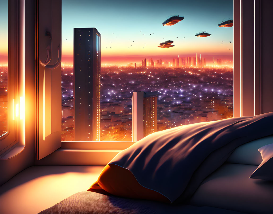 Urban sunset scene with flying futuristic vehicles and cozy pillow.