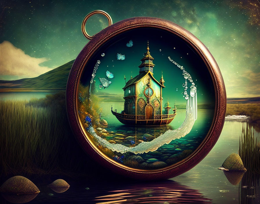 Whimsical ship in pocket watch with butterflies on water