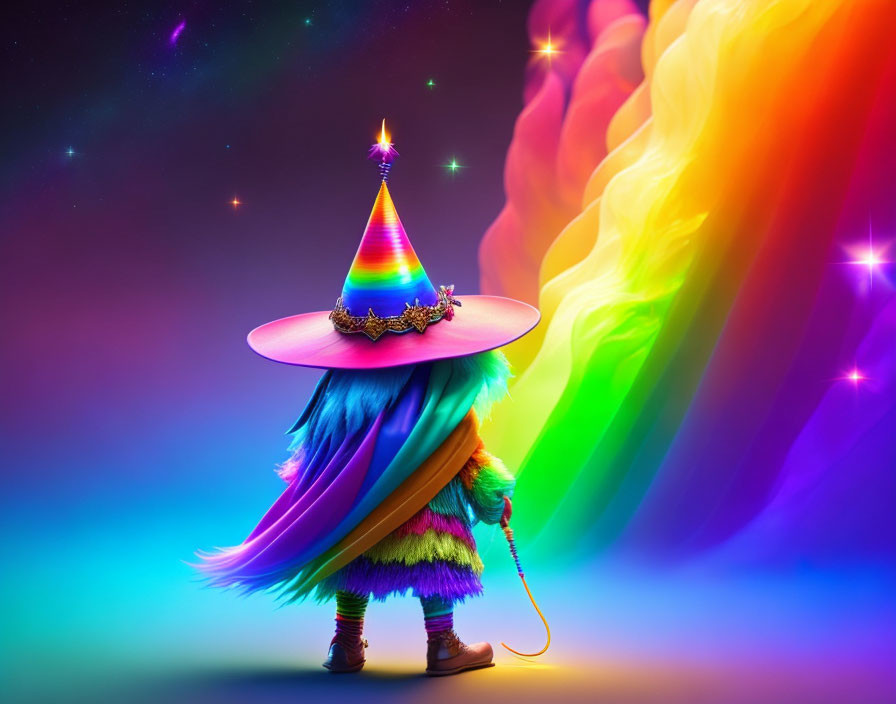 Colorful figure in cloak and cone hat on rainbow trail against purple backdrop