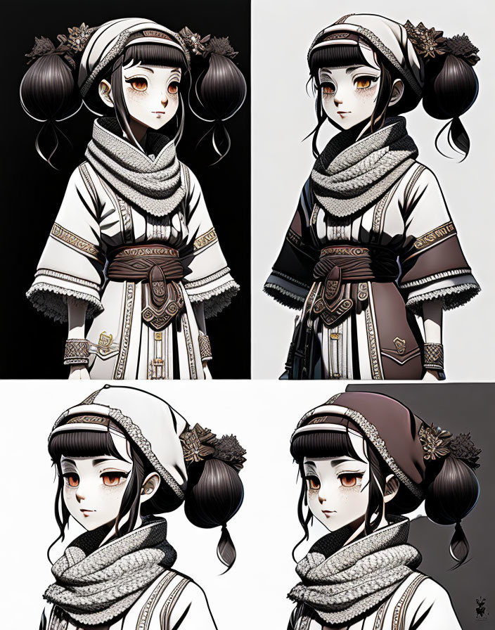 Anime-style girl with twin buns and scarf in four angles