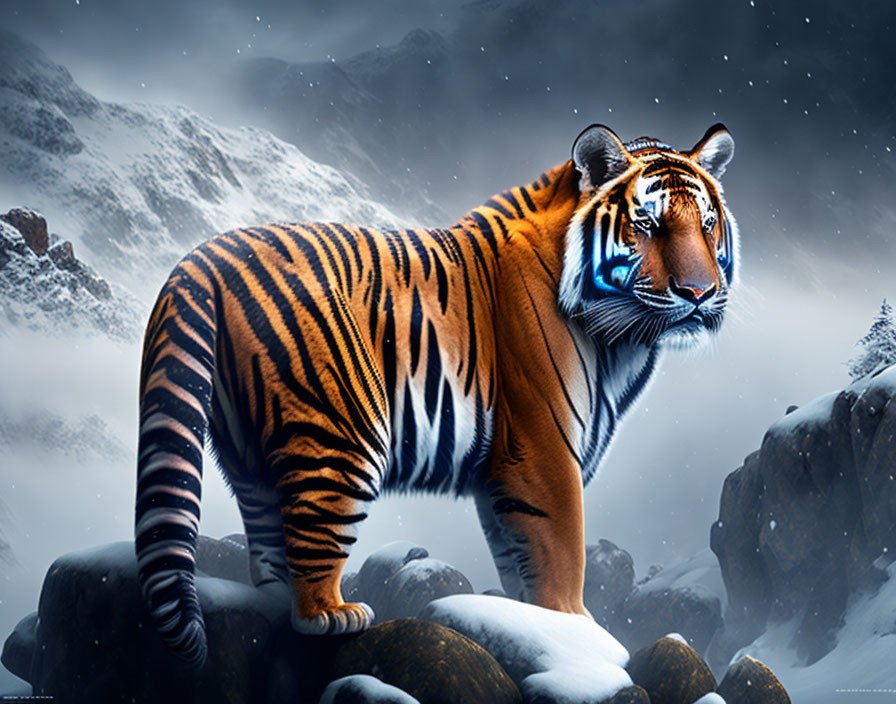 Majestic tiger on rocky terrain with snow-covered mountains