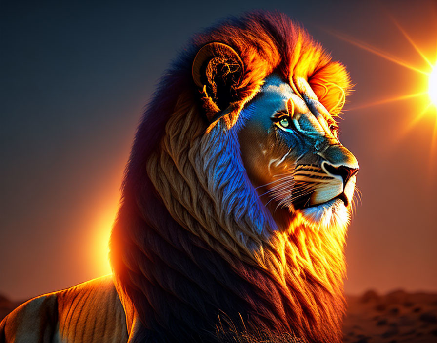 Digitally altered lion image with vibrant blue and orange mane in sunset background